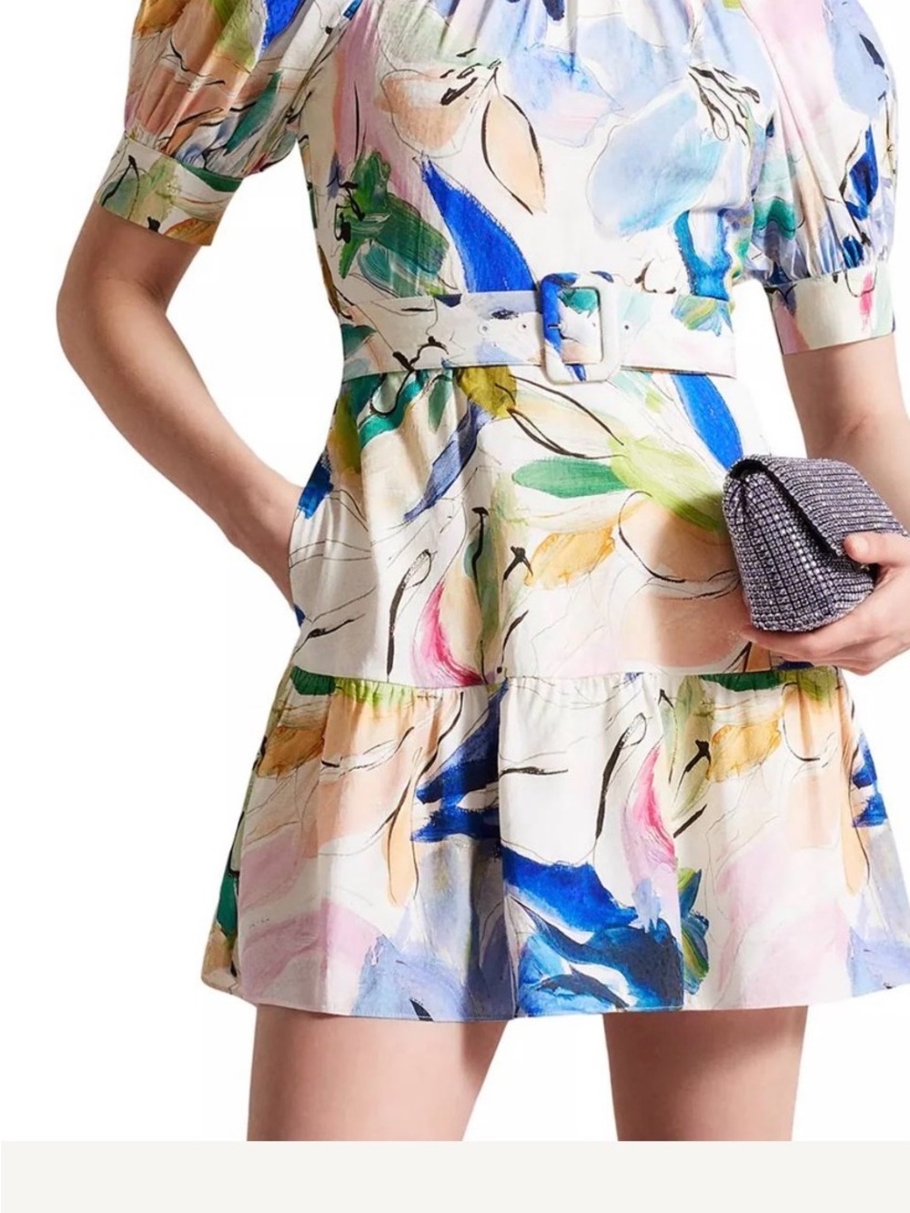 Ted Baker Rita Floral Watercolor Belted Mini Dress - White/Multi Size 4 = Large